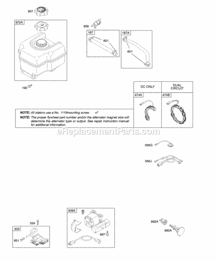 Alternator Electric Starter Fuel Supply Ignition Diagram and Parts List for 20D412-0100-E1  Briggs and Stratton Engine